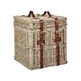 Basket Natural Rattan With Leather Belts And Lid Handmade Mahogany Frame