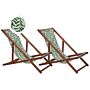 Set Of 2 Garden Deck Chairs Dark Acacia Wood Frame Leaf Pattern Replacement Fabric Hammock Seat Reclining Folding Sun Lounger