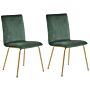 Set Of 2 Dining Chairs Green Velvet Armless Gold Metal Legs