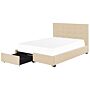 Eu Double Size Bed Beige Fabric 4ft6 Upholstered Frame Buttoned Headrest With Storage Drawers Beliani