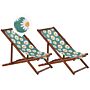 Set Of 2 Garden Deck Chairs Dark Acacia Wood Frame Chamomile Pattern Replacement Fabric Hammock Seat Reclining Folding Sun Lounger