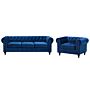 Chesterfield Living Room Set Blue Velvet Fabric Upholstery Dark Wood Legs 3 Seater Sofa + Armchair