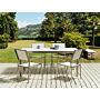 Garden Dining Set Marble Effect White Tabletop Glass Stainless Steel Frame White Set Of 4 Chairs Textilene