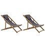 Set Of 2 Folding Deck Chairs Light Acacia Wood With Grey 2 Replacement Fabrics With Trendy Pattern Fabric Seat Headrest Cushion Reclining Folding