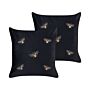 Set Of 2 Decorative Cushions Black Bees Motif 45 X 45 Cm Velvet Polyester Modern Glamour Decor Accessories Beliani