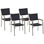 Set Of 4 Garden Dining Chairs Black And Silver Faux Rattan Seat Stainless Steel Legs Stackable Outdoor Resistances