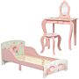 Zonekiz Toddler Bed Frame, Kids Dressing Table With Mirror And Stool, Cute Animal Design Kids Bedroom Furniture Set For Ages 3-6 Years, Pink