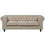 Chesterfield Sofa Beige Fabric Upholstery Dark Wood Legs 3 Seater