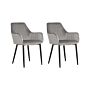 Set Of 2 Dining Chairs Grey Velvet Armrests Black Metal Legs