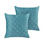 Set Of 2 Cushions Teal Velvet 45 X 45 Cm With Decorative Elements