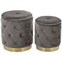 Set Of Storage Pouffes Grey Polyester Velvet Button Tufted Upholstery Golden Base