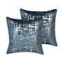 Set Of 2 Decorative Cushions Blue Velvet Silver Crackle Effect 45 X 45 Cm Foil Print Pattern