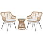 Bistro Set Brown Faux Rattan Black Steel Hairpin Legs 2 Chairs With Grey Cushions Glass Table Top Modern 2 Seater Outdoor Set