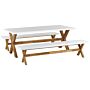 Outdoor Dining Set White Fibre Cement Light Acacia Wood 6 People Table 2 Benches