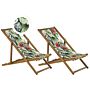 Set Of 2 Garden Deck Chairs Light Acacia Wood Frame Toucan Pattern Replacement Fabric Hammock Seat Reclining Folding Sun Lounger