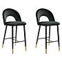 Set Of 2 Bar Chairs Black Velvet Black Steel Retro Design Golden Ends Dining Room