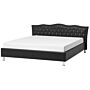 Eu Super King Size Bed Black Faux Leather 6ft Upholstered Frame Nailhead Trim Crystal Buttons Headrest