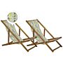 Set Of 2 Garden Deck Chairs Light Acacia Wood Frame Yellow And Grey Replacement Fabric Hammock Seat Reclining Folding Sun Lounger