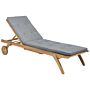 Garden Sun Lounger Light Wood Acacia With Grey Cushion Reclining On Wheels With Table