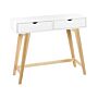 Console Table White With Light Wood Mdf Wooden Legs 101 X 36 X 78 Cm 2 Drawers