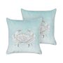 Set Of 2 Scatter Cushions Blue Velvet 45 X 45 Cm Marine Crab Motif Square Polyester Filling