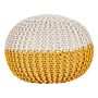 Pouf Ottoman Yellow Beige Knitted Cotton Eps Beads Filling Round Small Footstool 50 X 35 Cm