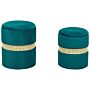 Set Of 2 Pouffes Cream Teal Green Velvet Rattan Bands Modern Boho Internal Storage