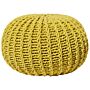 Pouf Ottoman Yellow Knitted Cotton Eps Beads Filling Round Small Footstool 50 X 35 Cm