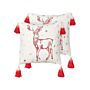 Set Of 2 Scatter Cushions White Red Cotton 45 X 45 Cm Christmas Motif Reindeer Print Tassels Accessories