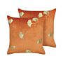 Set Of 2 Decorative Cushions Orange Velvet 45 X 45 Cm Gold Leaf Foil Print Glamour Decor Accessories Beliani