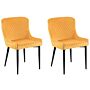 Set Of 2 Dining Chairs Yellow Velvet Upholstered Quilted