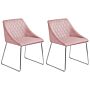 Set Of 2 Dining Chairs Pink Velvet Fabric Chromed Metal Legs