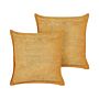 Set Of 2 Yellow Decorative Pillows Corduroy 43 X 43 Cm Modern Traditional Cushions