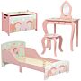 Zonekiz Kids Bedroom Furniture Set Includes Bed Frame, Toy Chest, Dressing Table For Ages 3-6 Years, Pink