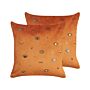 Set Of 2 Decorative Cushions Orange Velvet 45 X 45 Cm Eye Motif