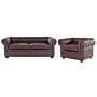 Chesterfield Living Room Set Brown Leather Upholstery Dark Wood Legs 3 Seater Sofa + Armchair