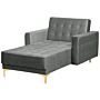 Chaise Lounge Grey Velvet Tufted Fabric Reclining Day Bed Gold Legs Track Arms