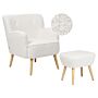 Armchair White Boucle Upholstery Footstool Wooden Legs Solid Pattern