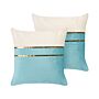 Set Of 2 Decorative Cushions Blue And Beige Velvet 45 X 45 Cm With Gold Lines