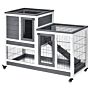 Pawhut Wooden Indoor Guinea Pigs Hutches Elevated Cage Habitat With Enclosed Run With Wheels, Ideal For Rabbits And Guinea Pigs, Grey And White