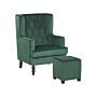 Armchair With Footstool Green Velvet Fabric Wooden Legs Wingback Style