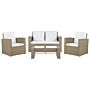 Garden Sofa Set Light Brown Faux Rattan With Beige Cushions With Coffee Table 4 Seater