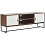 Tv Stand Dark Wood With White Metal Legs Rectangular For Up To 75ʺ Tv Media Unit With Shelves Doors Cable Management