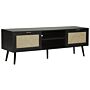 Tv Stand Black Manufactured Wood With Rattan Fronts Wicker Weave Black Rubberwood Legs 2 Cabinets Open Shelves Boho Style Sideboard