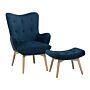 Wingback Chair With Ottoman Blue Velvet Fabric Buttoned