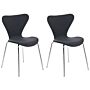 Set Of 2 Dining Chairs Black With Silver Polyester Velvet Black Metal Legs Armless