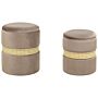 Set Of 2 Pouffes Cream Taupe Velvet Rattan Bands Modern Boho Internal Storage