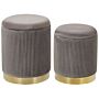 Set Of 2 Storage Pouffes Grey Polyester Velvet Upholstery Gold Base Modern Design Horizontal Tuft