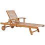 Garden Sun Lounger Light Acacia Wood Outdoor Weather Resistant Reclining With Wheels