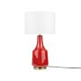 Table Lamp Bedside Light Red Ceramic Base Off-white Polycotton Drum Round Shade